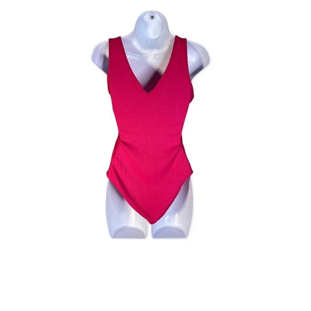 ABOUND‎ Womens V-Neck Sleeveless Rib Red Bodysuit Size Small